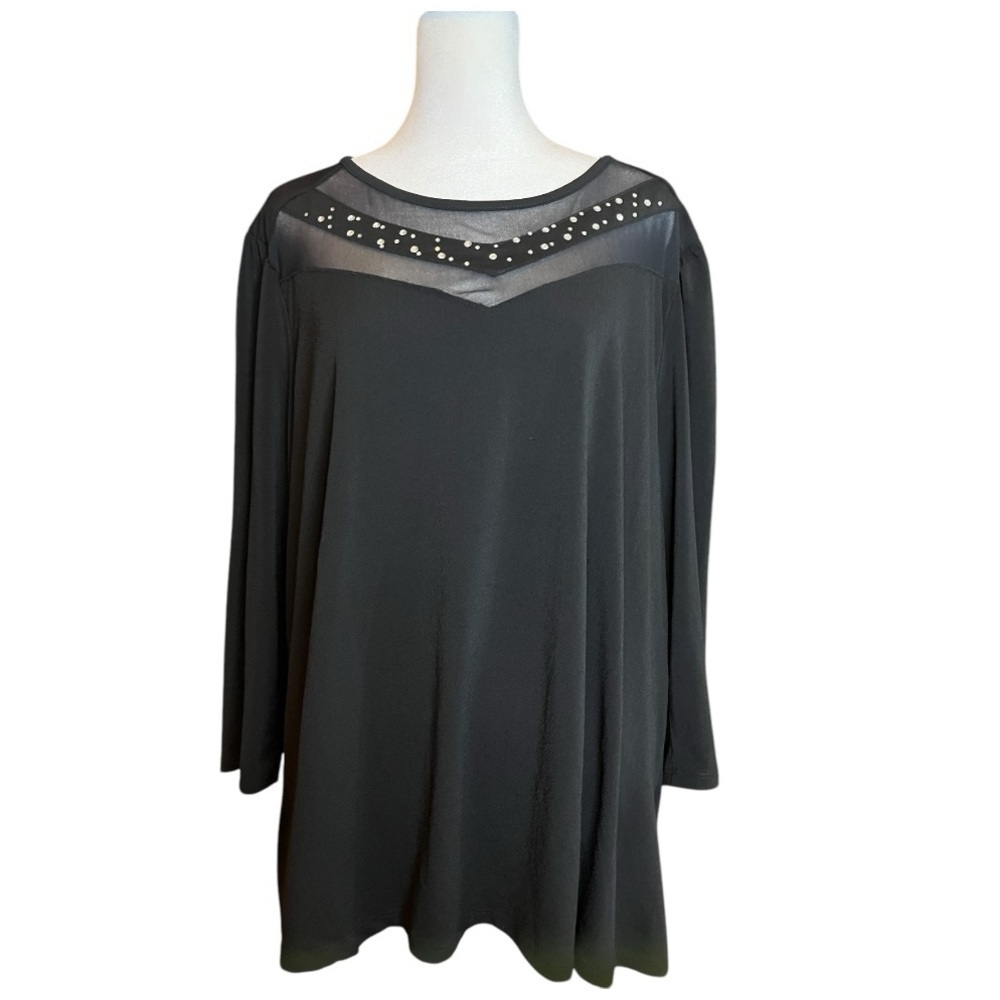 Adrienne Vittadini Plus Size 3X Black Blouse | Sheer V-Neck Detail with Beading